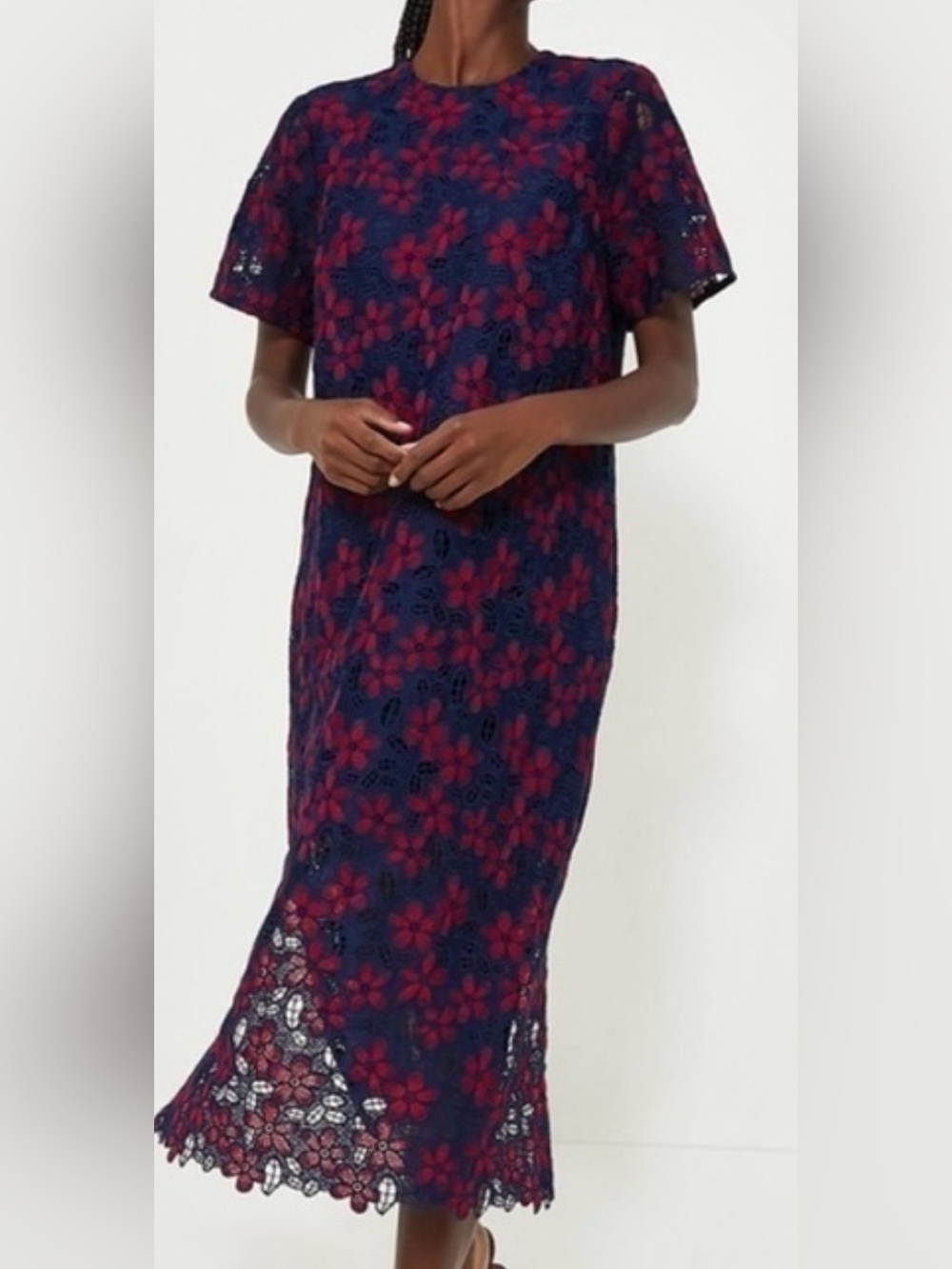 Pomander Place Navy and Magenta Floral Lace Midi Dress